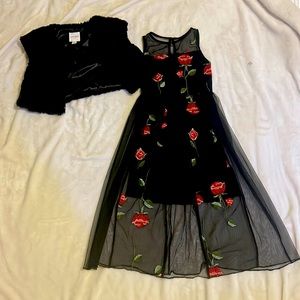 black rose dress and black coat.